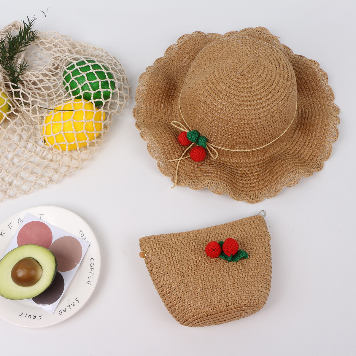Cherry Lace Wave Straw Hat Bag Set Children&#39;s Sun Hat Summer New Outdoor Sun Hat display picture 4