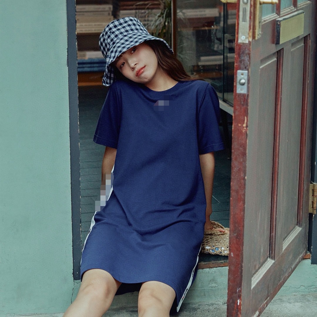 外贸工厂日系 纯棉汗布 侧面印条拼接 圆领套头宽松长款连衣裙T裙