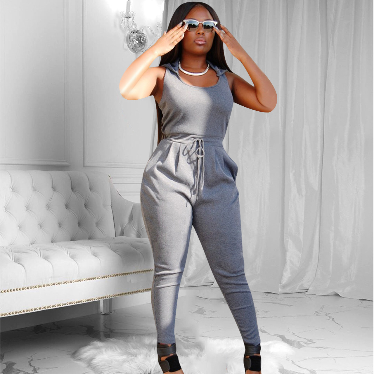 hooded zipper solid color jumpsuit Nihaostyles wholesale clothing vendor NSYDF73609