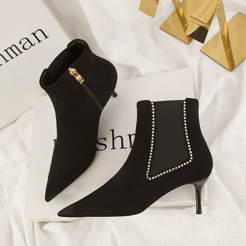 186-8 модные простые тонкие сапоги в европейском и американском стиле на тонком каблуке на высоком каблуке с острым блестящим горным хрусталем тонкие короткие сапоги и голые сапоги