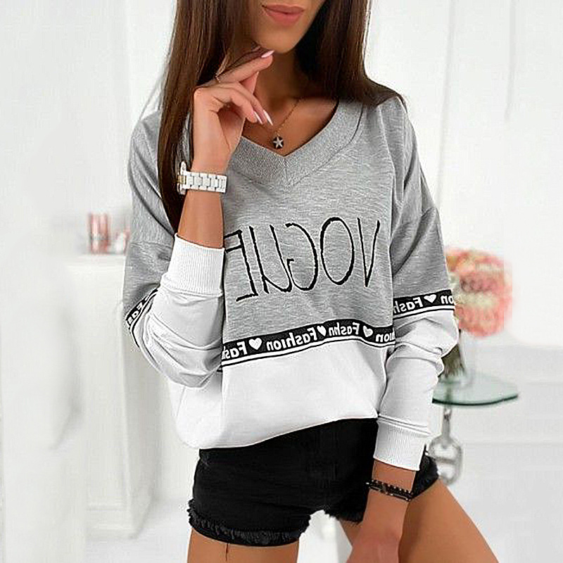 new letter printing V-neck long-sleeved stitching loose sweater NSKX5775