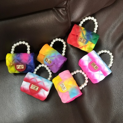 2020新款珍珠手提包迷你彩色果冻包单肩斜挎菱格链条包儿童小方包