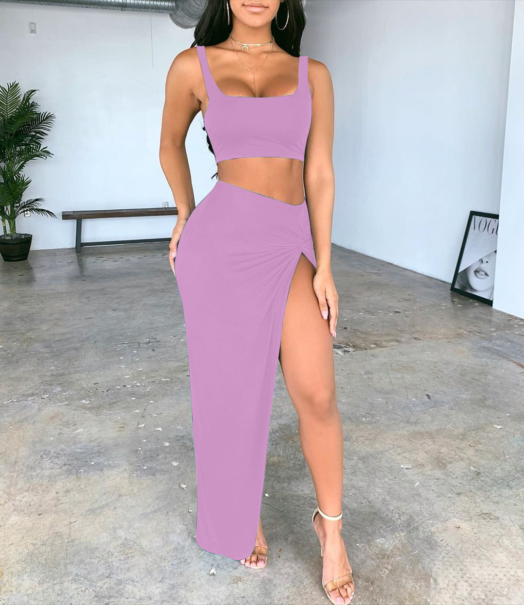 sling tube top mid-length solid color high split two-piece set NSHT64350