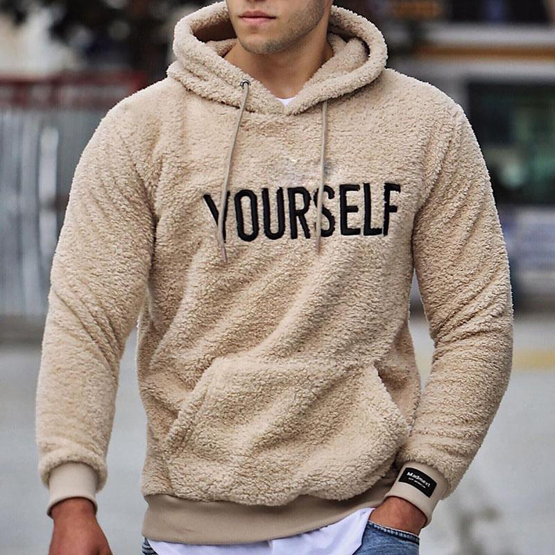 Abbigliamento maschile nuovo autunno e inverno uomo pelliccia cappuccio ricamato colletto tinta unita tasca applicata manica lunga felpa termica_voghion.com