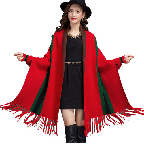 Autumn and winter new style tassel striped sleeved shawl cloak double-sided thickened coat women's bat sleeve knitted cardigan shawl
