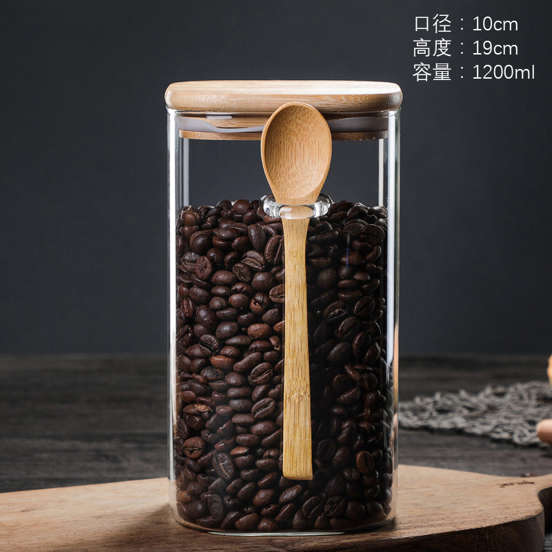 Fábrica al por mayor vidrio cuadrado sellado frasco de almacenamiento con cuchara de madera caja de condimento frascos de almacenamiento de granos de café caja de suministros de cocina