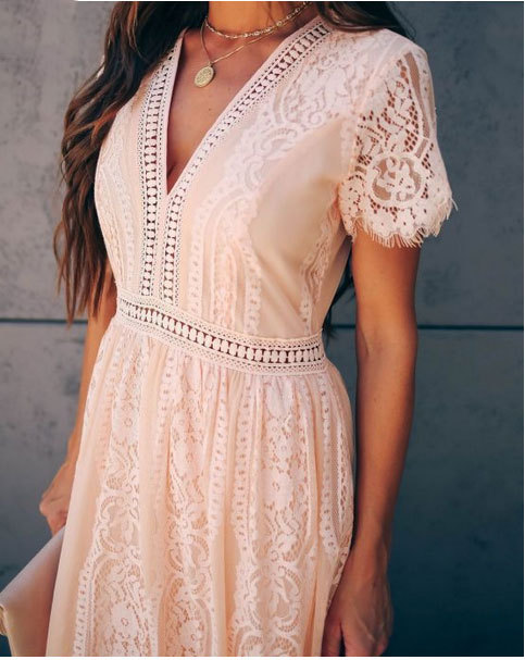 2020 summer new European and American women's foreign trade Amazon V-neck short sleeve hollow sexy lace lace dress