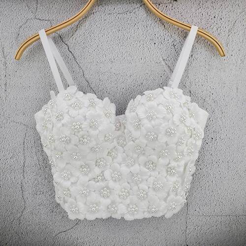 New boutique niche personality outer wear tube top handmade flower beading and diamond heavy industry small suspender top for women