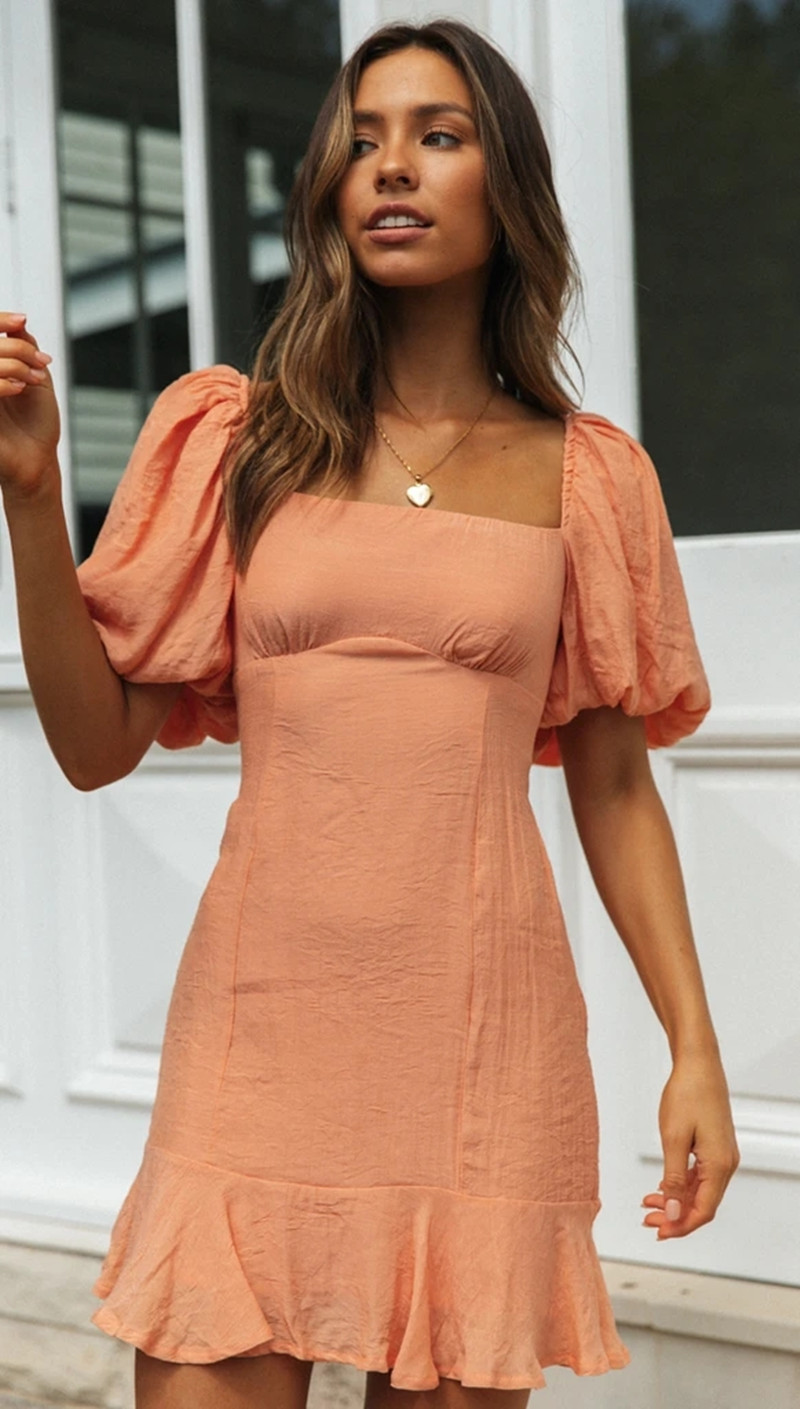 square neck puff sleeve waist ruffled stitching dress NSJKW120532