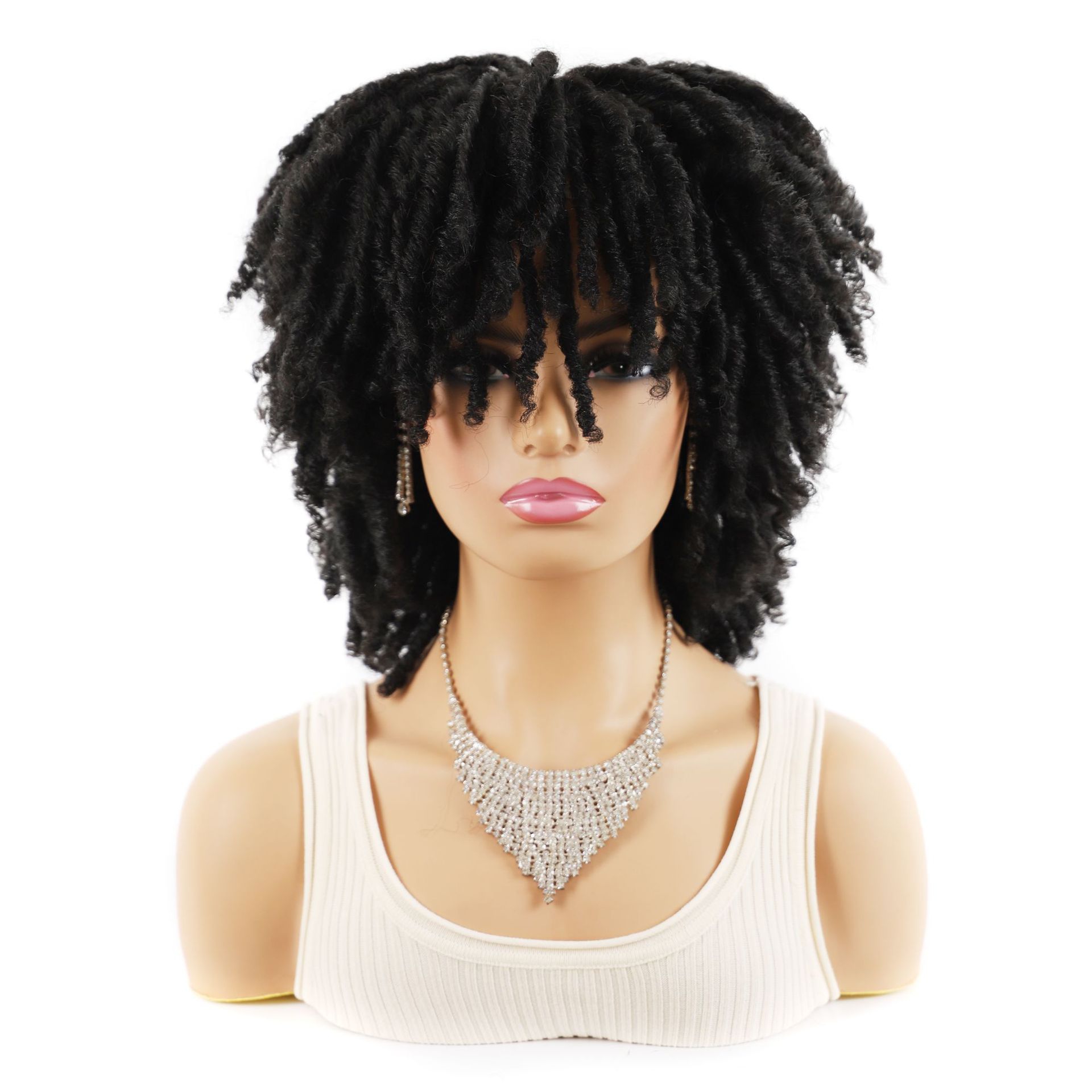 Sintētiskā cirtainā parūka sievietēm ar pītām detaļām_voghion.com