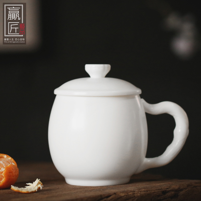 Winjiang porcelana blanca taza de té a mano oveja grasa Jade cerámica Oficina sala de reuniones agua taza de agua jefe taza con tapa