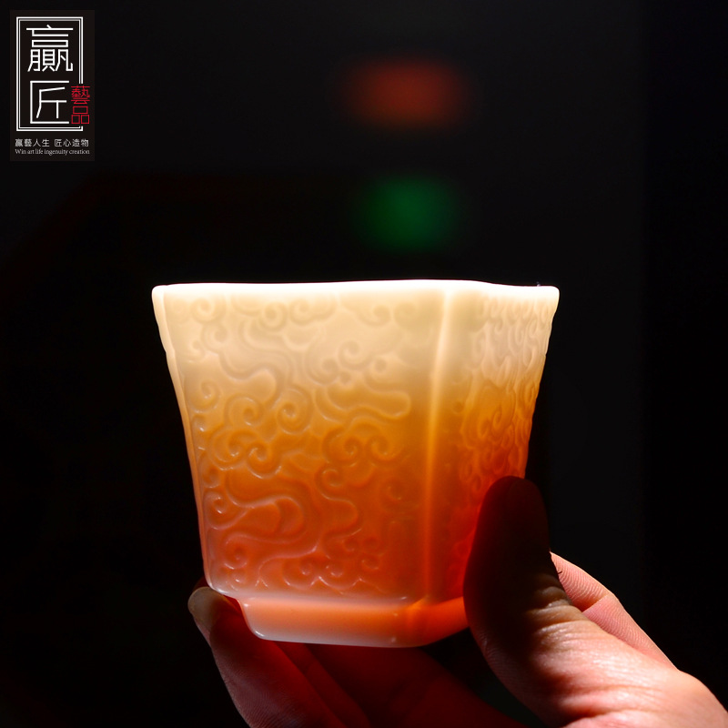 Winjiang Dehua famoso maestro hecho a mano blanca porcelana Kung Fu taza de té Xiangyun cuadrado maestro taza grande taza de alivio de cerámica