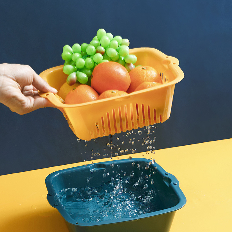 双层沥水篮洗菜蓝多功能厨房洗水果收纳篮创意家用客厅塑料水果盘|ms