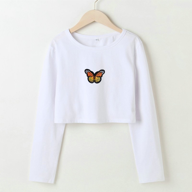 Dragon Totem Butterfly Print Slim Fit Cropped Long-Sleeved T-Shirt NSOSY111819