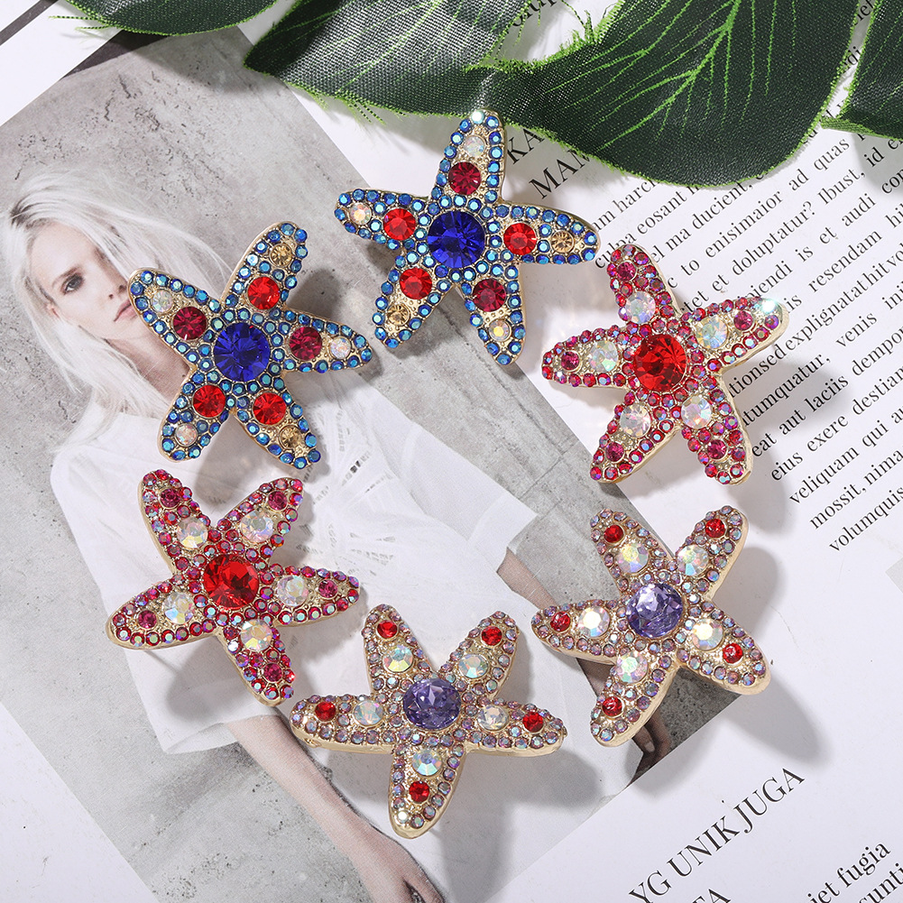Personalized Fashion Starfish Color Diamond Wild Earrings Super Flash Five-pointed Star Shape Cute Japanese And Korean Temperament Earrings Wholesale display picture 2
