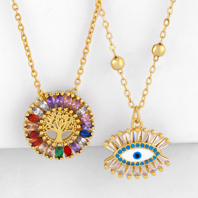 Style Européen Et Américain Collier Ins À La Mode Nouvelle Micro-incrusté Gemme Multicolore Chanceux Arbre Rond Pendentif Collier Clavicule Chaîne Nkq20 display picture 2