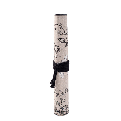 Black Peony Cotton Linen Double-Layer Large Capacity Watercolor Brush Bag with Hair Brushes Oil Paint Brushes, Watercolor Brush Storage Bag