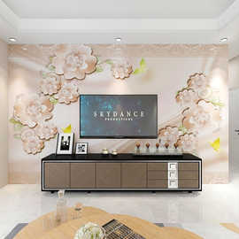 珠宝花卉蝶恋花天鹅湖电视背景墙壁纸手绘浮雕花朵唯美客厅墙纸3d