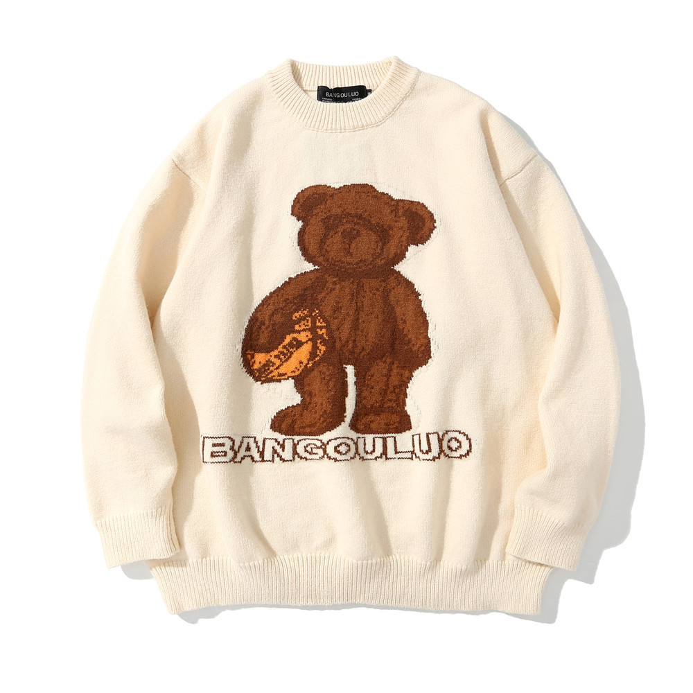 Maglione uomo jacquard disegno orso stile streetwear oversize_voghion.com