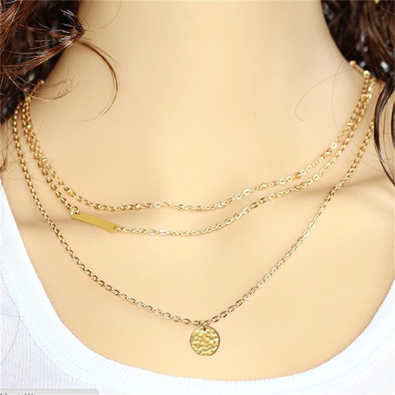 Simple geometric sequin pendant multi-layer necklace