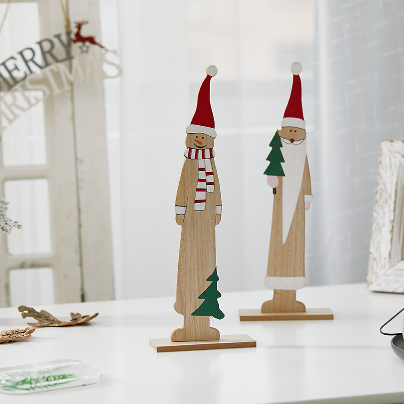 Papá Noel muñeco de nieve de madera pequeño árbol de Navidad decoraciones de hotel escritorio de recepción cafetería centro comercial artesanía pintada a mano