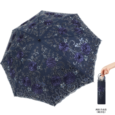 防晒防紫外线蕾丝刺绣黑胶遮阳伞折叠晴雨伞绣花太阳伞可批发