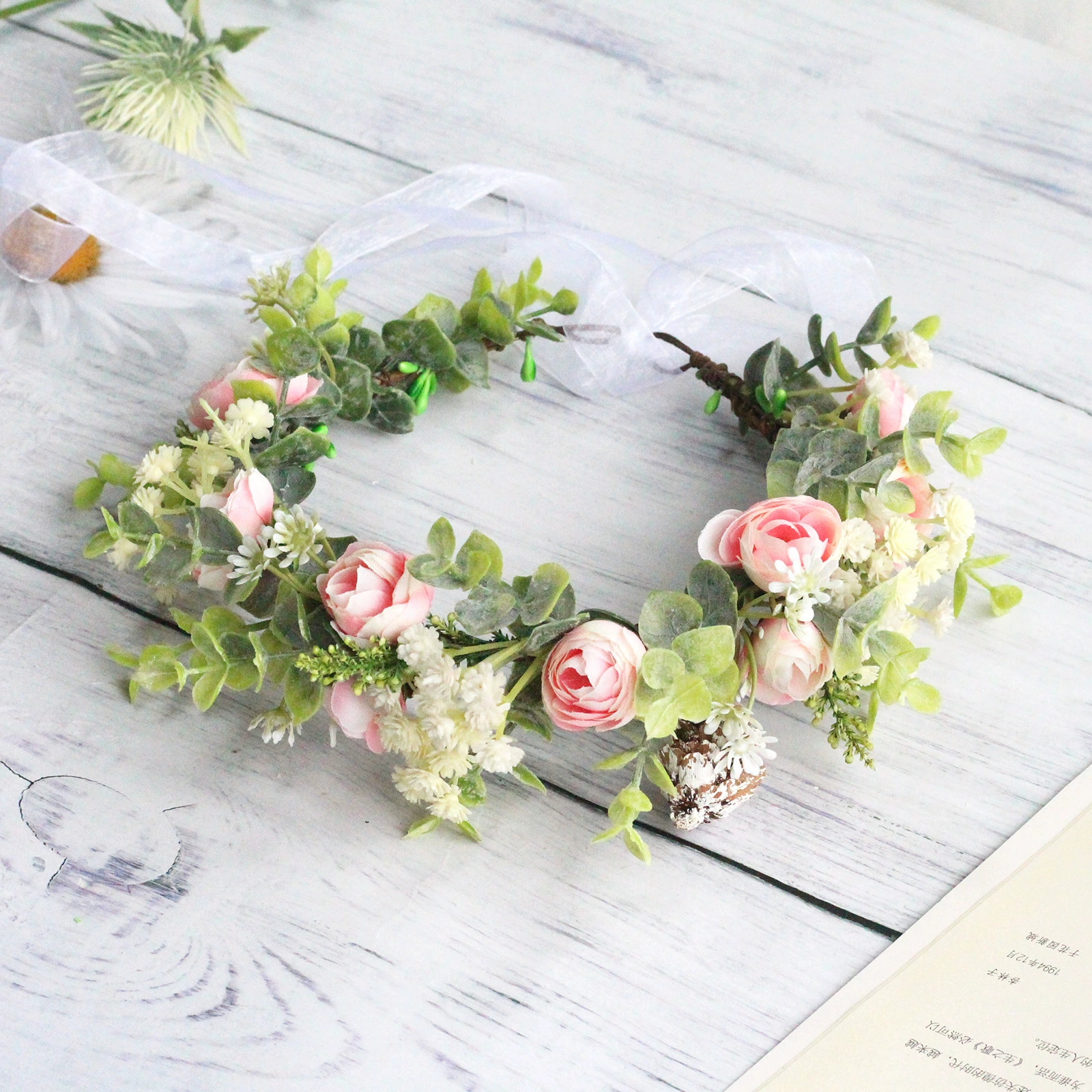 Лесная гирлянда головные уборы оптом цветок чайного бутона листья эвкалипта зеленые растения пояс для волос пасторальный портрет кольцо с травой дорожные аксессуары для волос для женщин