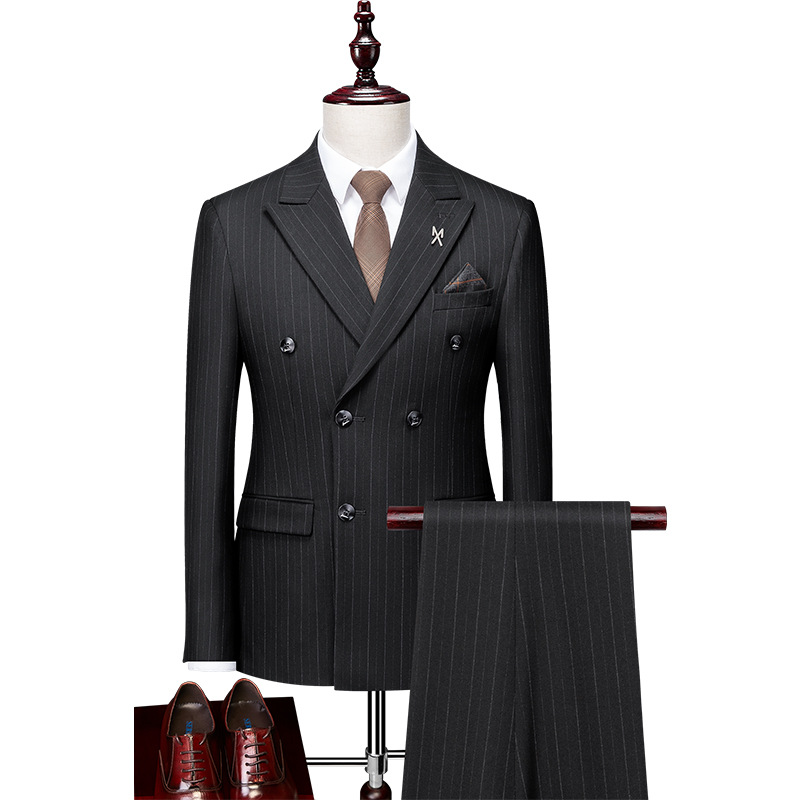 2021新款休闲三件套戗驳领西装韩版条纹黑色礼服修身男式西服套装