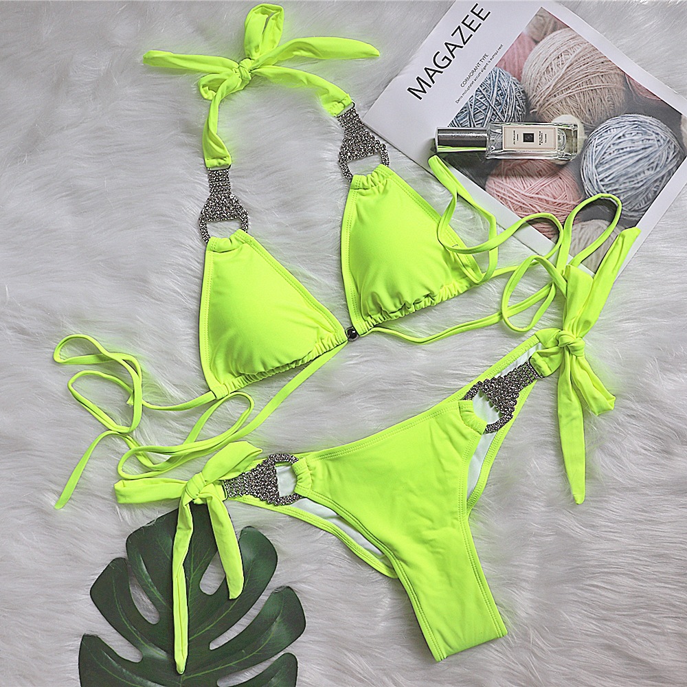 Conjunto de 2 piezas de bikini sexy con tiras y diamantes de imitación NSKLL102312