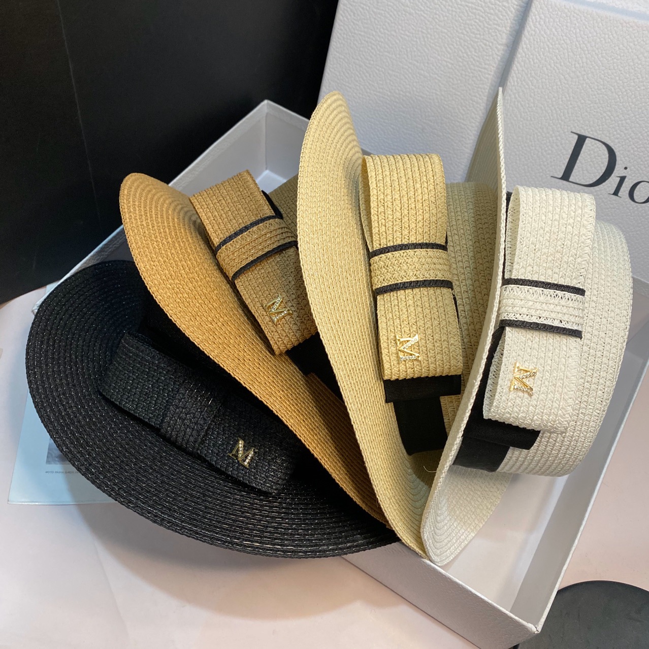 Japanese straw hat summer Dilraba style bow flat top sun hat, wide-brimmed sun hat for outings and sun protection detail image 2