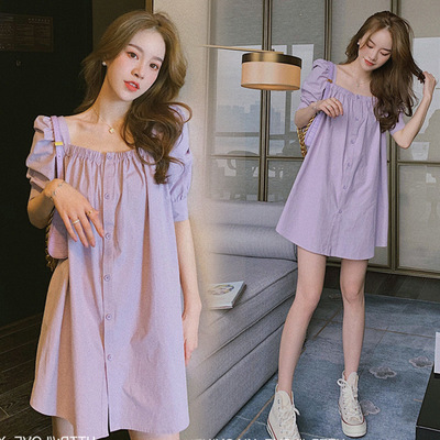 2020夏天连衣裙夏装时尚款方领法式裙子中长款小个子短袖气质百搭