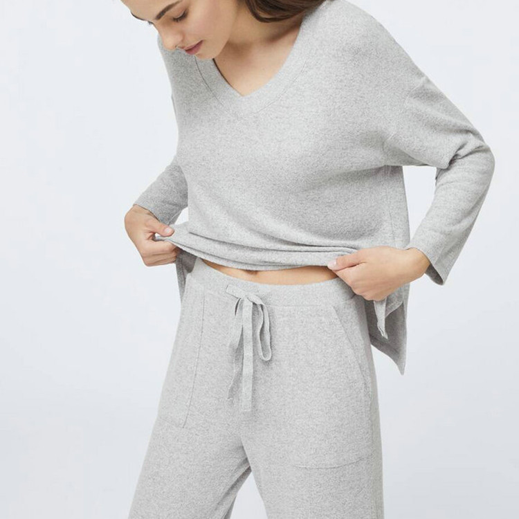 V字領全棉針織衫女士睡衣居家簡約長袖長褲薄絨家居服套裝可外穿