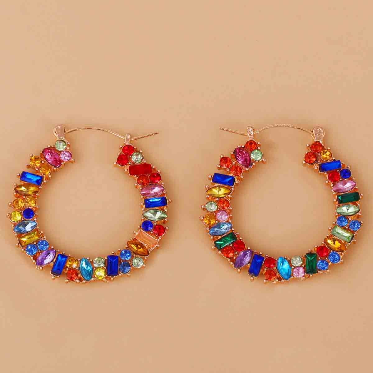 Boucles D&#39;oreilles Fantaisie Rondes Colorées Et Ornées De Diamants display picture 6