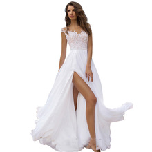 大碼女裝新款歐美亞馬遜蕾絲雪紡連衣裙舞會白色晚禮服開叉大擺裙
