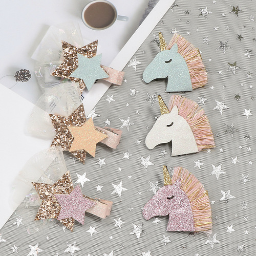 20904 Children's Unicorn Decorative Hairpin Glitter Bow Star Hair Accessories New Baby Hair Accessories Pressure Clip