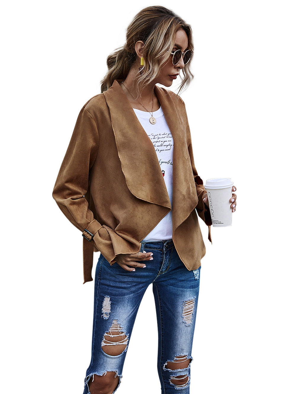 women s autumn/winter hot sale solid color cardigan lapel suede long sleeve jacket  NHDF58