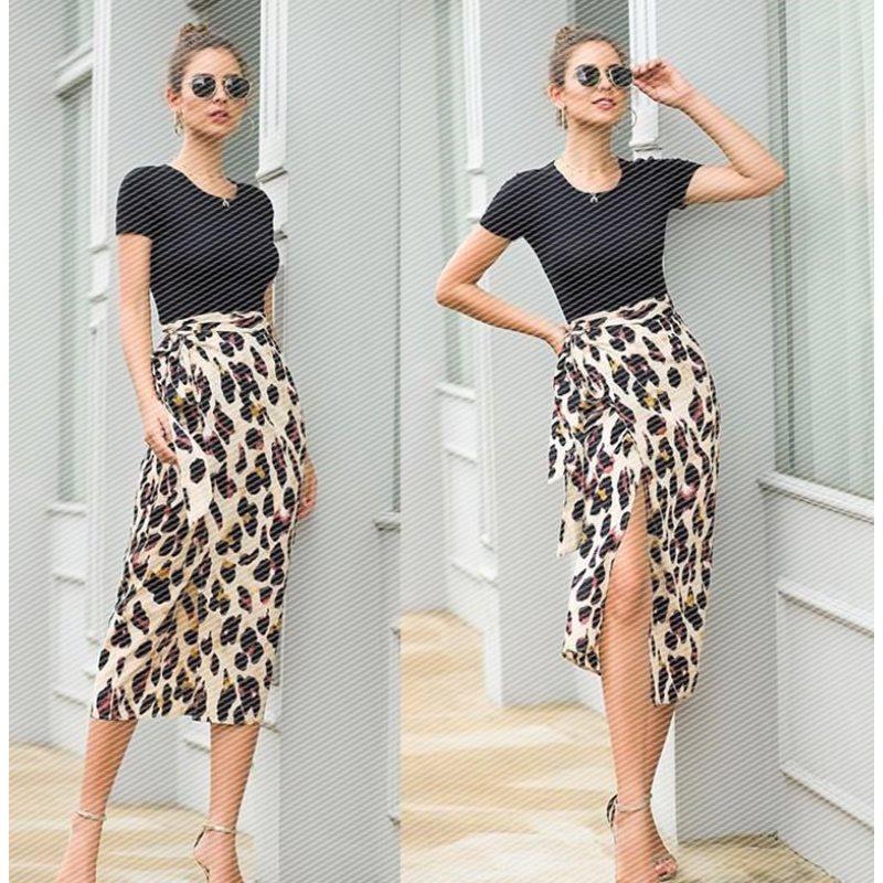 Skirts leopard print split tie wrap skir...