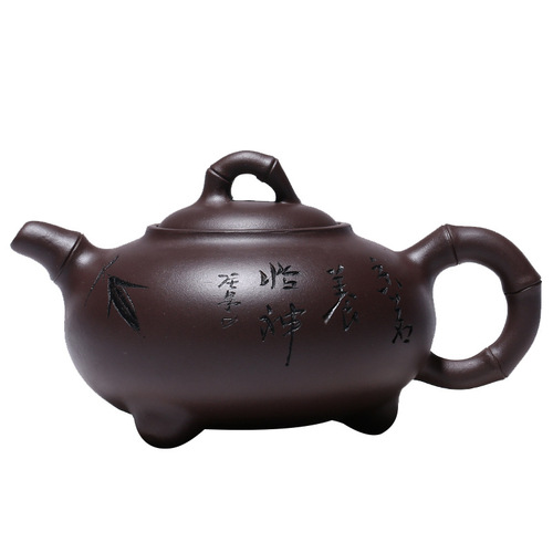 Manufacturer wholesale Yixing purple clay teapot famous hand-painted carved teapot original mine old purple clay bamboo ding teapot tea set delivery