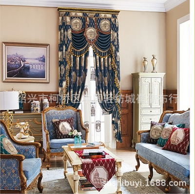 苏饰欧式法式窗帘别墅客厅卧室批发雪尼尔带窗幔水波帘头宫廷|ms