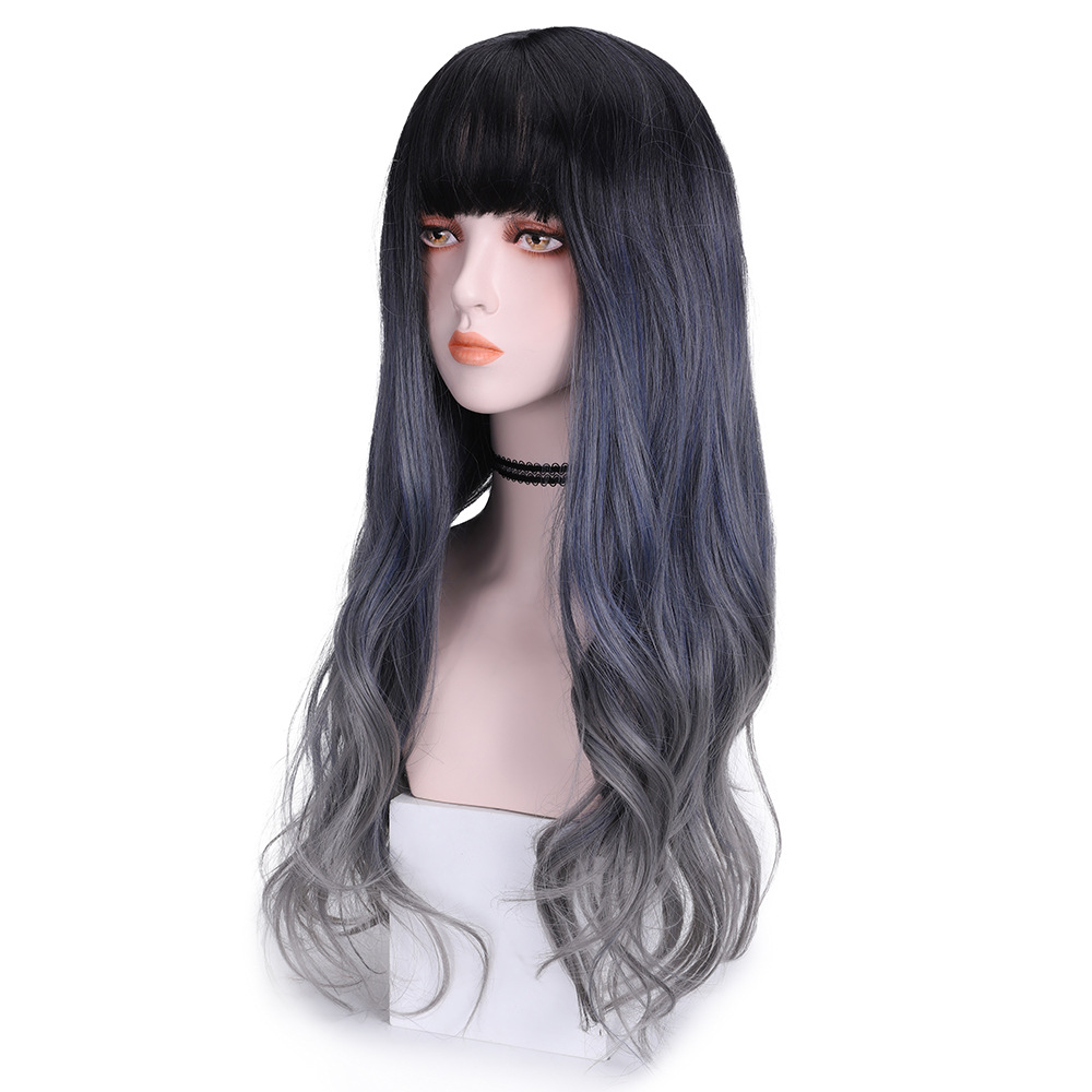 Perruque synthétique femme cheveux longs grande vague dégradé bleu gris Internet rouge populaire ensemble tête complète_voghion.com