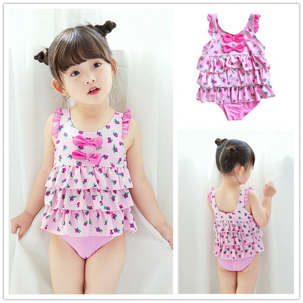 Children's fuchsia cute swimwear with bow for swimming