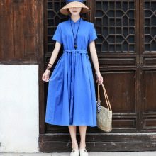 梅子青时原创复古盘扣系带显瘦棉麻连衣裙 女中长款夏季裙