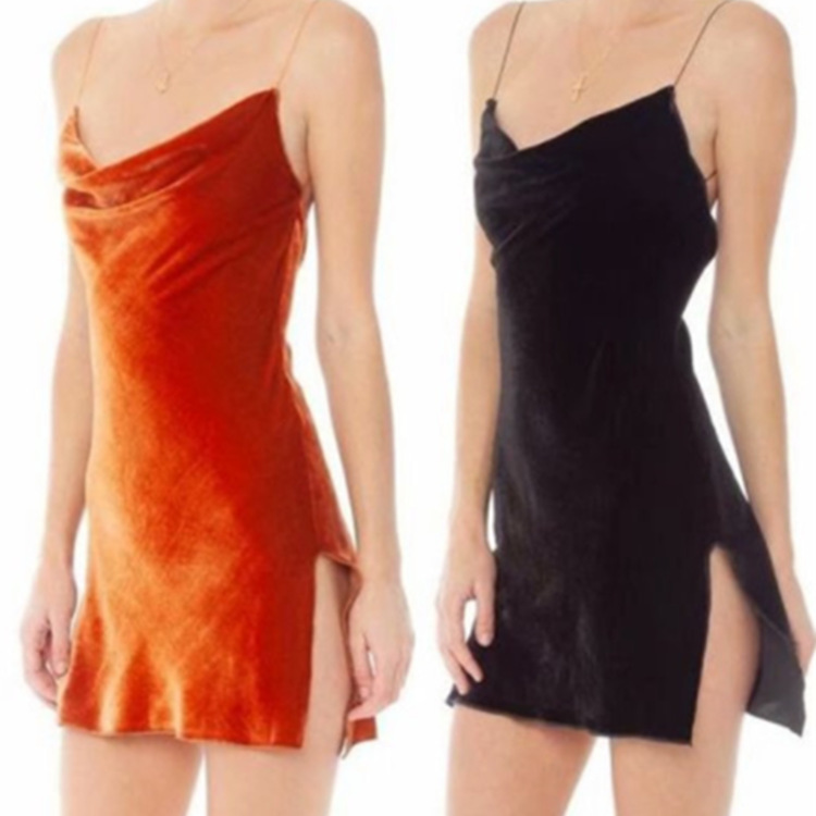 欧美风性感大露背丝绒修身显瘦包臀打底裙侧开叉吊带连衣裙女