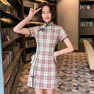 Chinese Dresses Qipao for women robe chinoise cheongsam Cheongsam standing collar elastic cotton checkered cheongsam