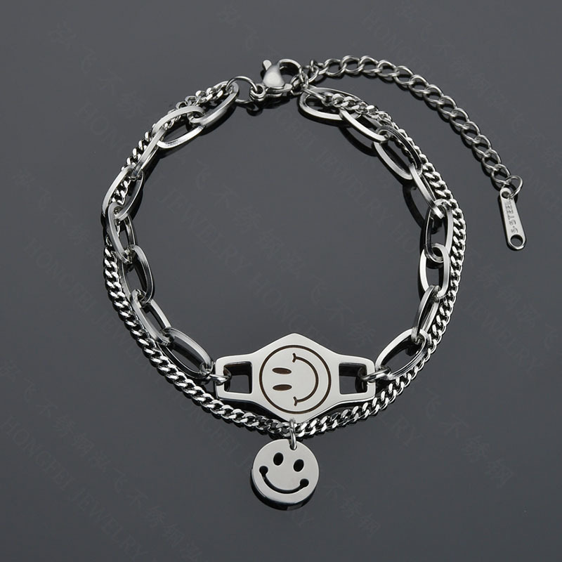 Fashion Smiley Face Round  Retro Stitching Chain Wild Double-layer Stainless Steel Bracelet For Women display picture 5