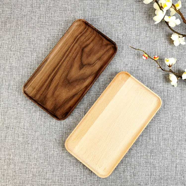 Деревянный чайный поднос Черный орех Бук Прямоугольная обеденная тарелка Тарелка с фруктами из цельного дерева Тарелка для закусок Деревянная тарелка с сухофруктами