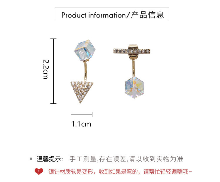 S925 Silver Needle Korea New Simple And Colorful Square Crystal Wild Asymmetric Alloy Earrings For Women display picture 1