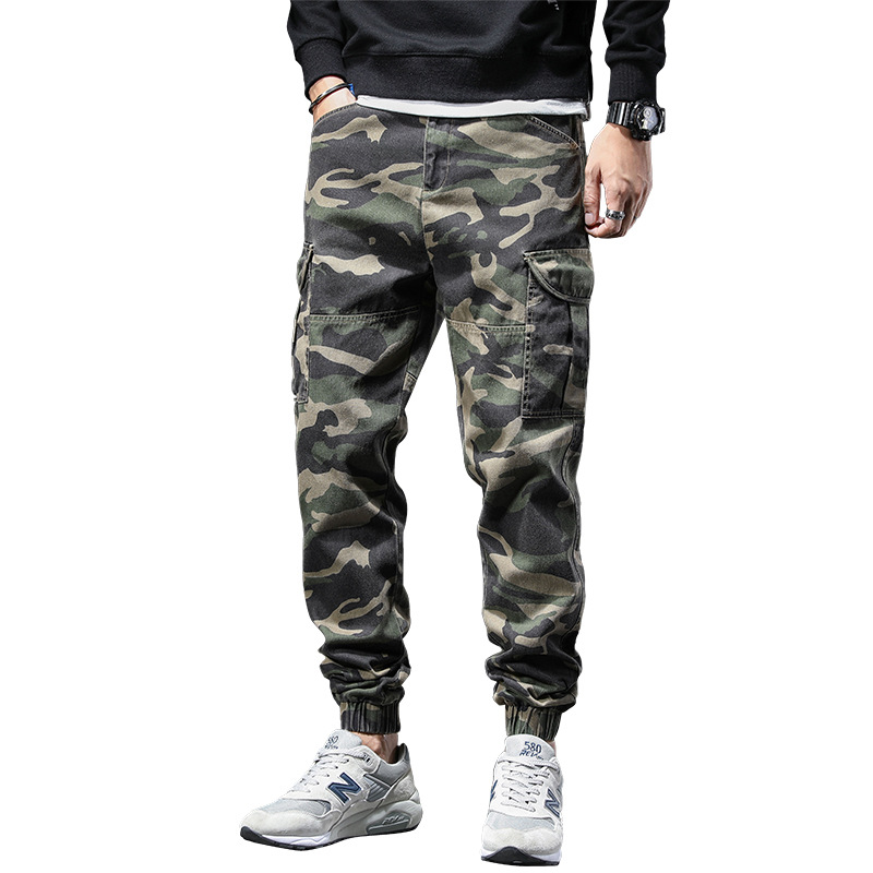 新款迷彩工装裤男弹力束脚纯色裤潮流休闲多口袋宽松裤迷彩裤8611
