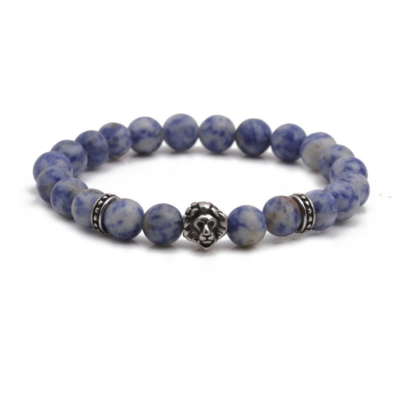 Fashion Stainless Steel Lion Head Bracelet Natural White Dot Blue Stone Beaded Men And Women Bracelet display picture 3