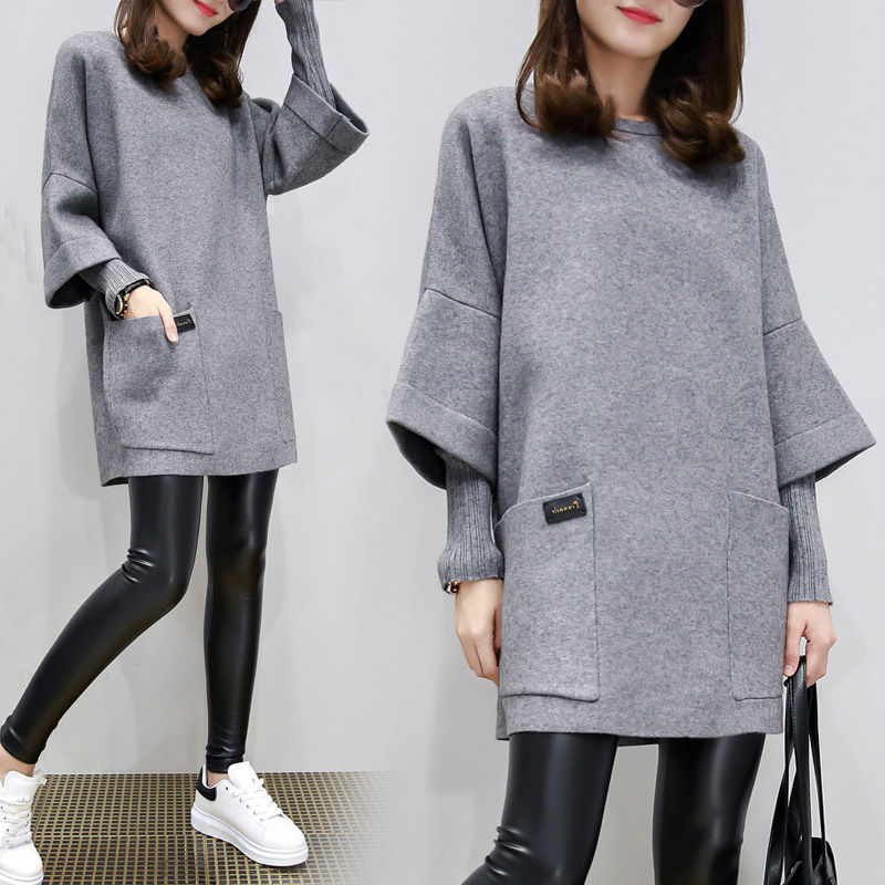 Maternity dress autumn and winter dress European station loose plus size mid-length long sleeve sweater fake two pieces pregnant women dress